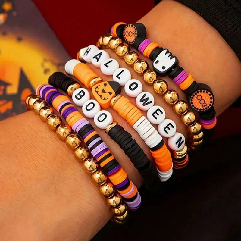 7pcs Halloween Beaded Bracelet Set – Retro Spooky Pumpkin Jewelry