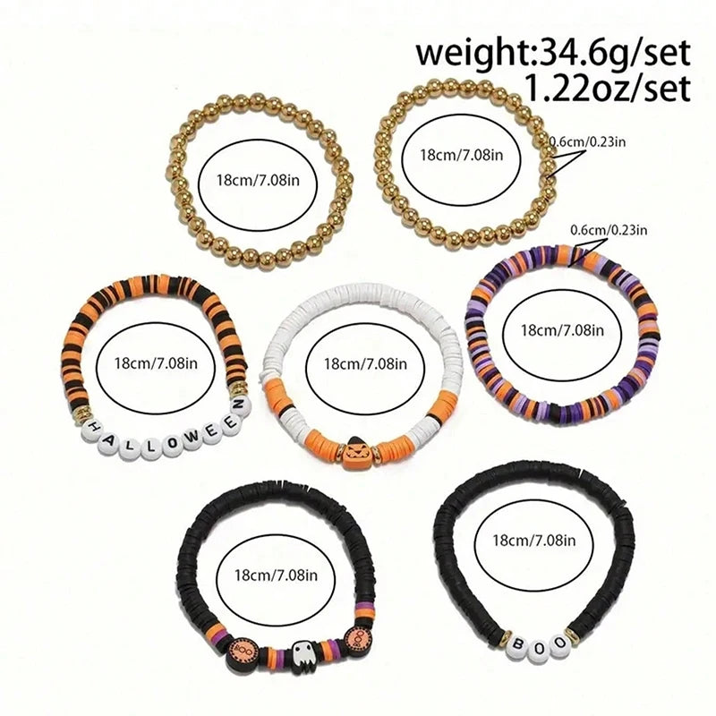 7pcs Halloween Beaded Bracelet Set – Retro Spooky Pumpkin Jewelry