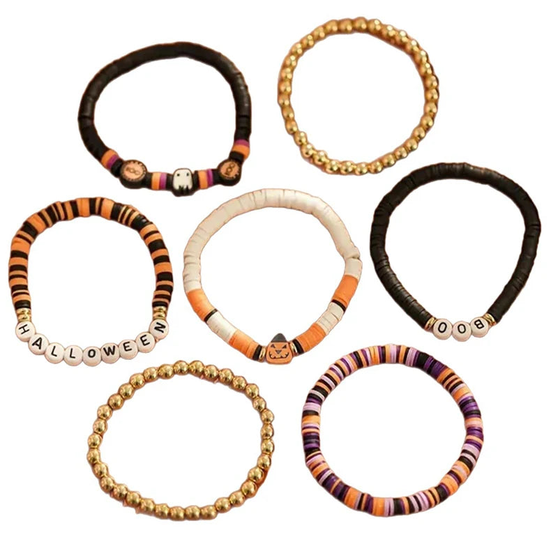 7pcs Halloween Beaded Bracelet Set – Retro Spooky Pumpkin Jewelry