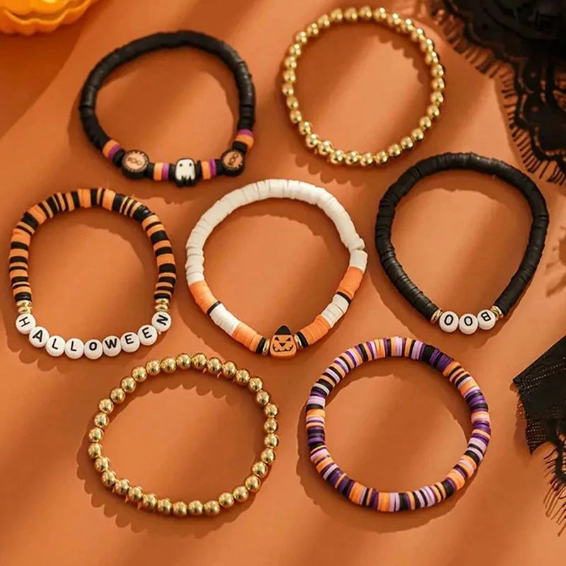 7pcs Halloween Beaded Bracelet Set – Retro Spooky Pumpkin Jewelry