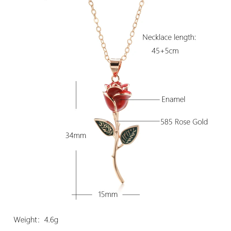 Creative Rose Gold Color Red Enamel Rose Pendant Necklace for Women | Vintage Fashion Fine Jewelry