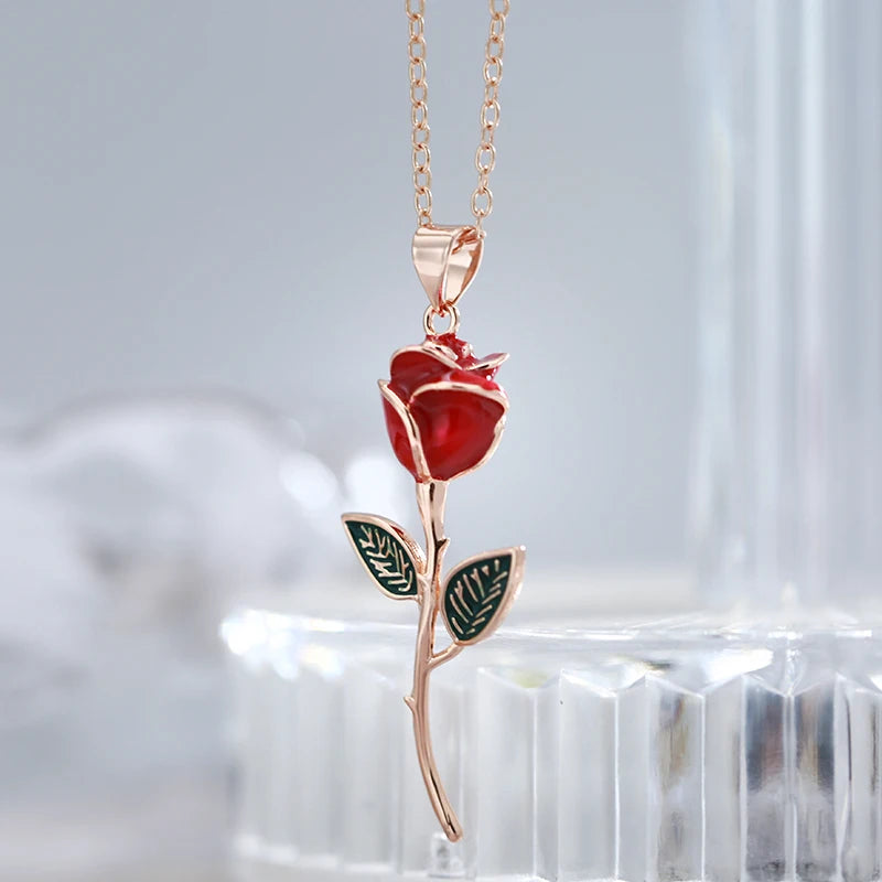 Creative Rose Gold Color Red Enamel Rose Pendant Necklace for Women | Vintage Fashion Fine Jewelry