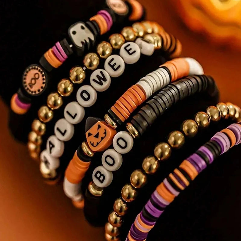 7pcs Halloween Beaded Bracelet Set – Retro Spooky Pumpkin Jewelry