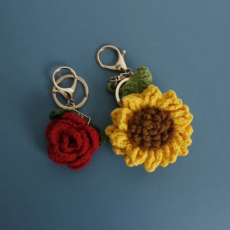 Exquisite Hand-woven Rose Pendant Woven Creative Wool Crochet Sunflower Keychain Bag Charm Gift