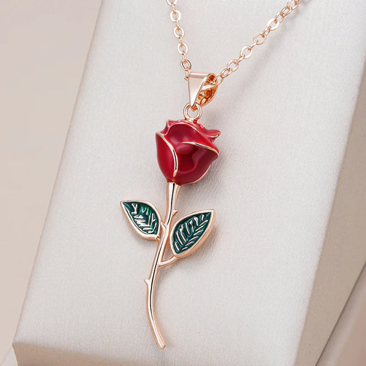 Creative Rose Gold Color Red Enamel Rose Pendant Necklace for Women | Vintage Fashion Fine Jewelry