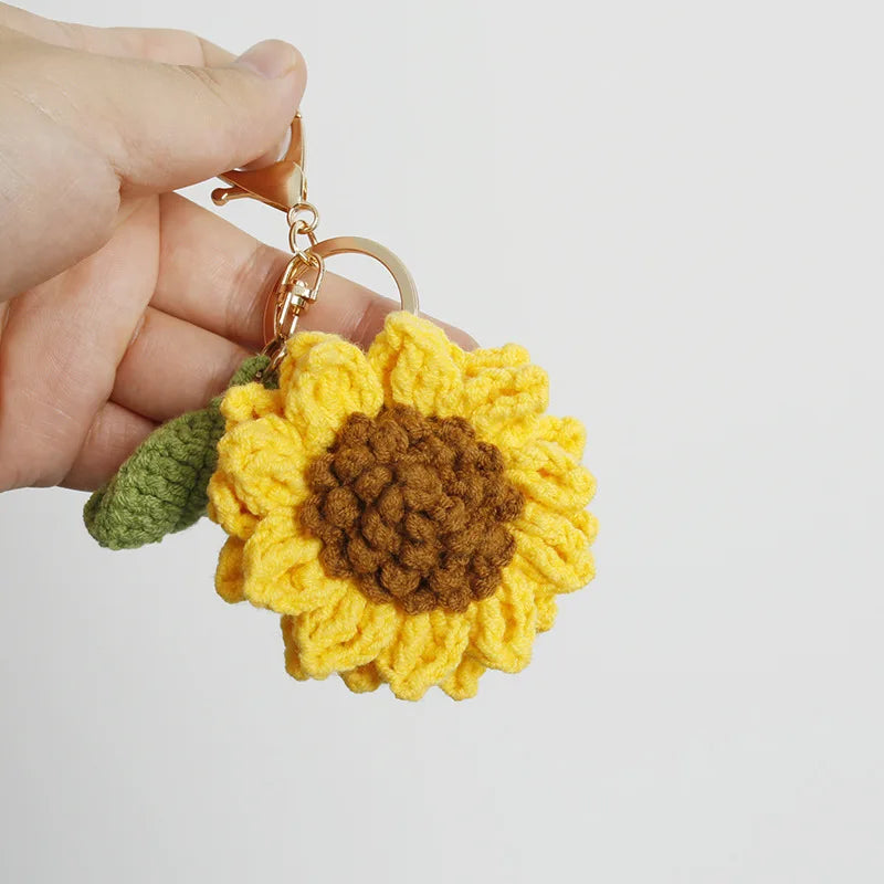 Exquisite Hand-woven Rose Pendant Woven Creative Wool Crochet Sunflower Keychain Bag Charm Gift