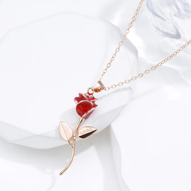 Creative Rose Gold Color Red Enamel Rose Pendant Necklace for Women | Vintage Fashion Fine Jewelry