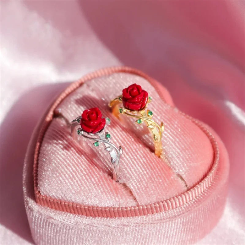 Beauty Rose Ring for Women Fashion Engagement Jewelry Accessories Gold and Silver Plated Beautiful Red Rose Rings Gift for Her