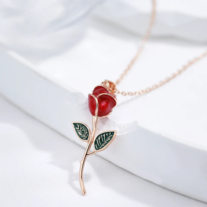 Creative Rose Gold Color Red Enamel Rose Pendant Necklace for Women | Vintage Fashion Fine Jewelry