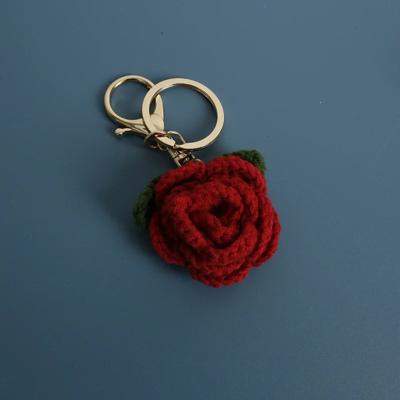 Exquisite Hand-woven Rose Pendant Woven Creative Wool Crochet Sunflower Keychain Bag Charm Gift