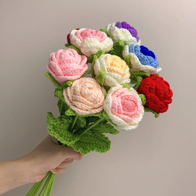 Hand-Knitted Crochet Flower Bouquet - Artificial Roses, Tulips, Sunflowers, Daisies for Wedding, Home Decor, and Gifts