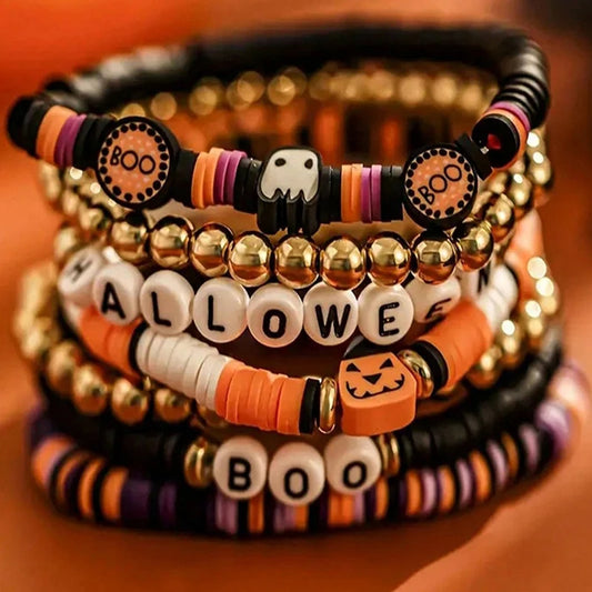 7pcs Halloween Beaded Bracelet Set – Retro Spooky Pumpkin Jewelry