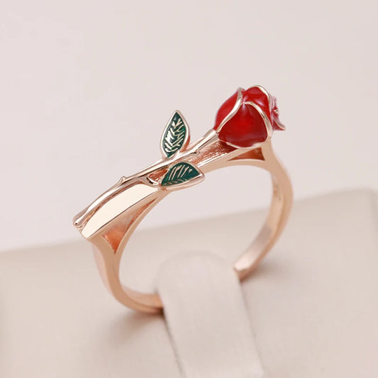 Creative Rose Gold Red Enamel Rose Ring for Women | Vintage Fashion Fine Jewelry | Cute Rose Rings