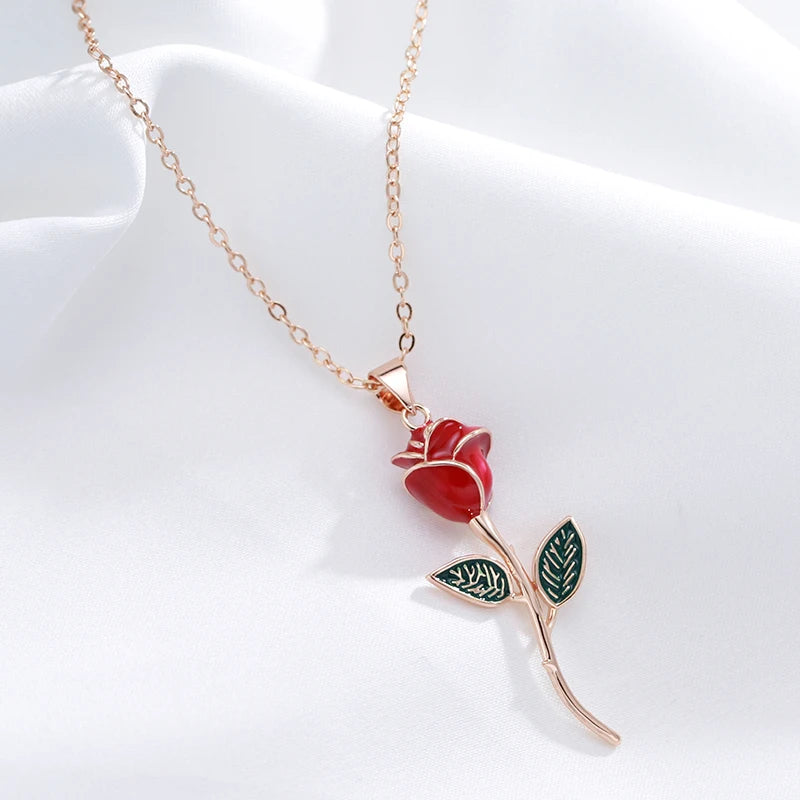 Creative Rose Gold Color Red Enamel Rose Pendant Necklace for Women | Vintage Fashion Fine Jewelry