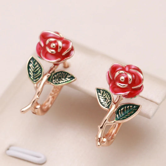 New Creative Rose Gold Red Enamel Rose Earrings for Women | Vintage Drop Earrings | Fashion Fine Jewelry for Party & Cute Gift